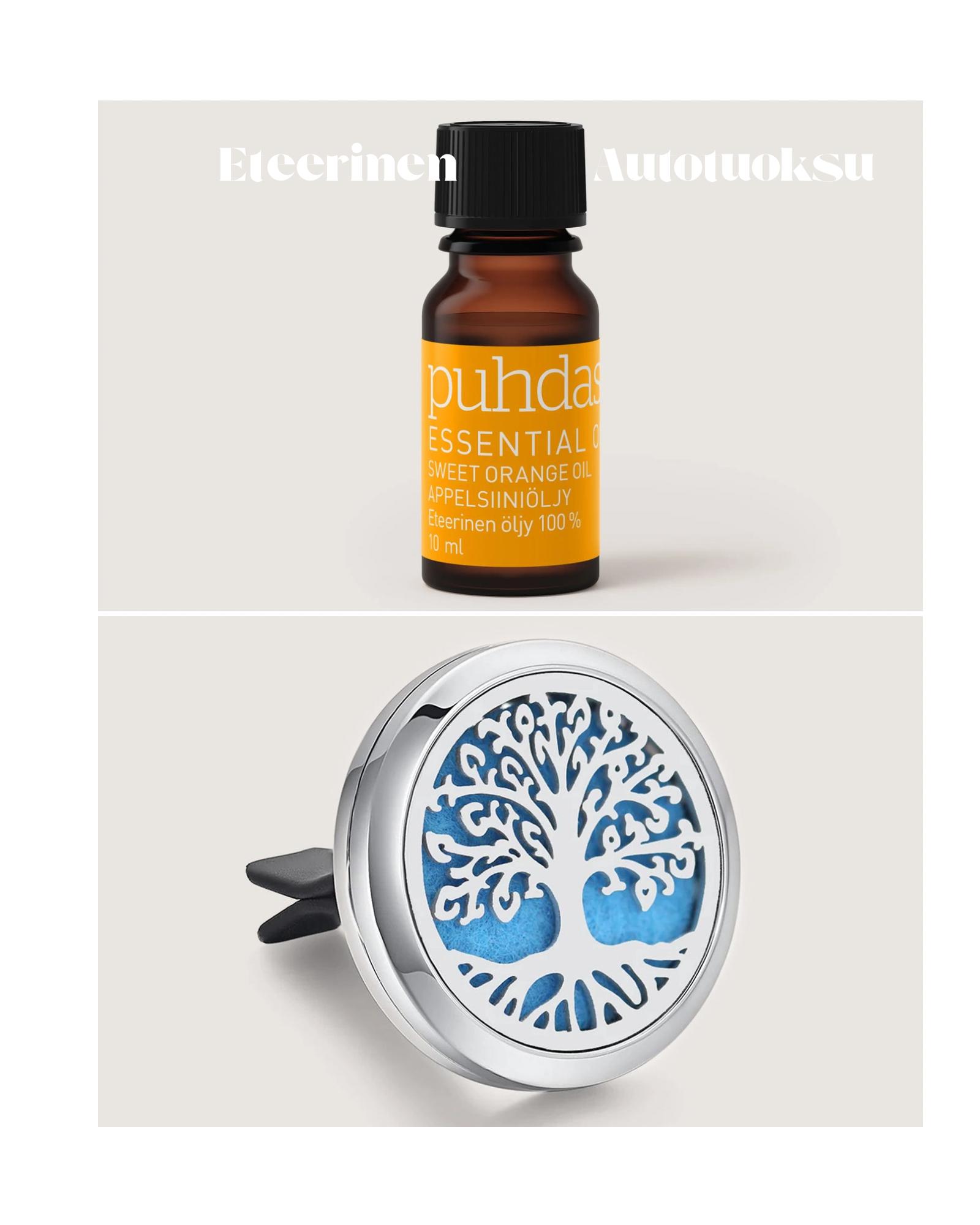 Eteerinen autotuoksu: autodiffuuseri + eteerinen öljy